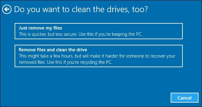Choose the option to factory reset Windows 10