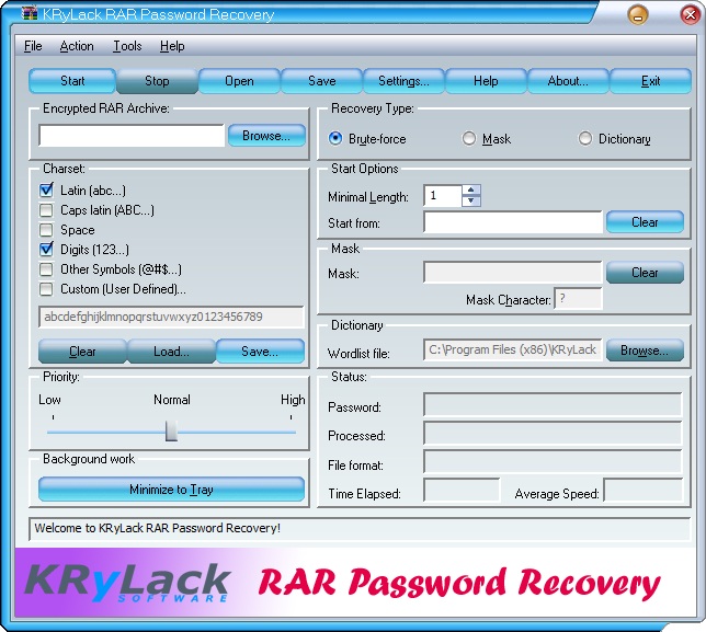choisir l'option de récupération dans KRyLack RAR Password Recovery