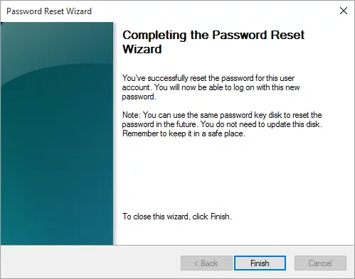Windowsでのパスワードリセットウィザードの完了10