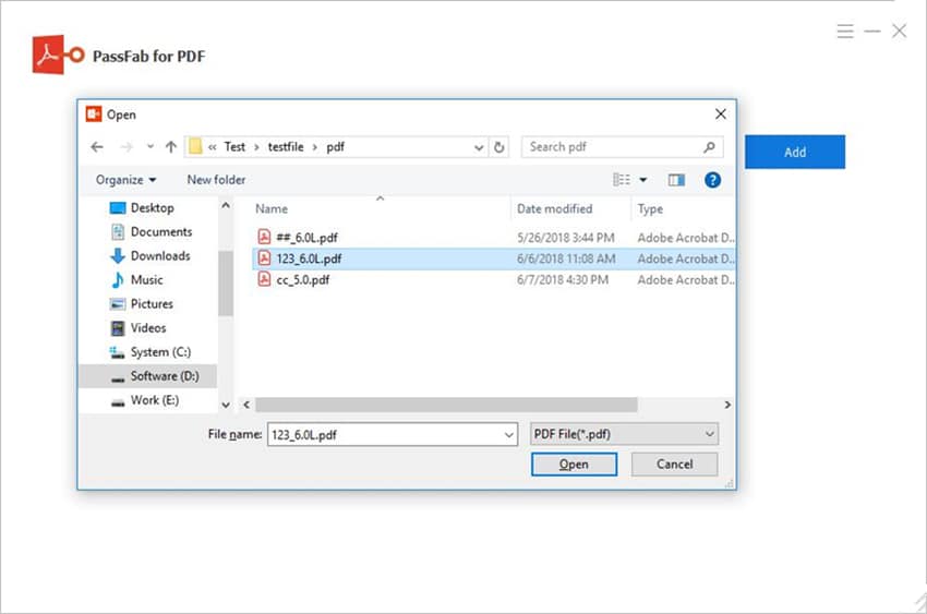 Choosing secured PDF file to add in PassFab for PDF software