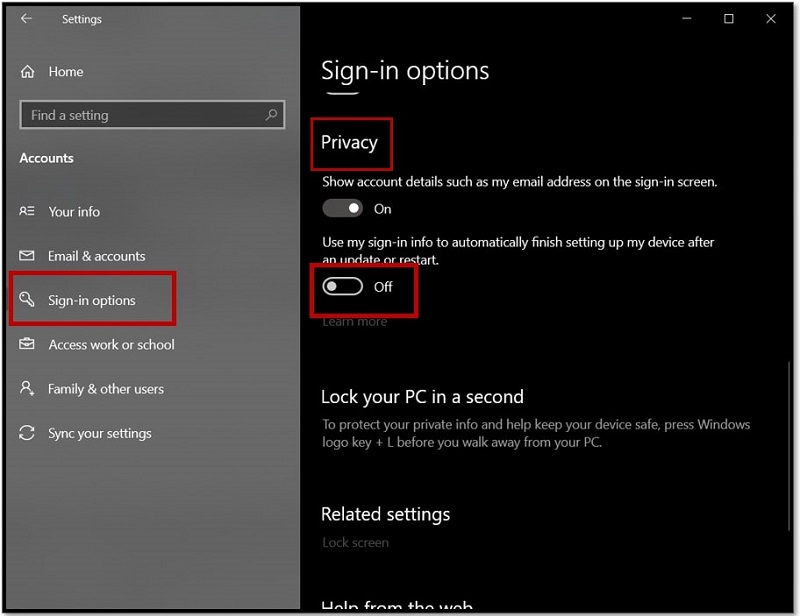 disable privacy options to fix Windows 10 incorrect password on startup
