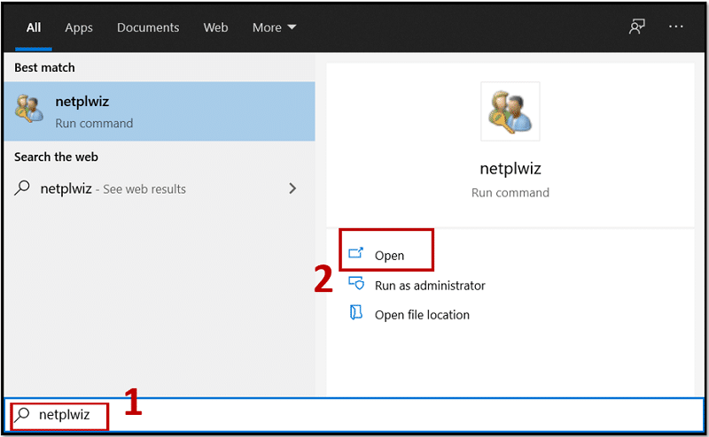 Open netplwiz on Windows 10