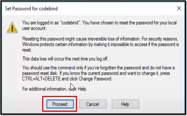 Click on Proceed to change the password on Windows 10