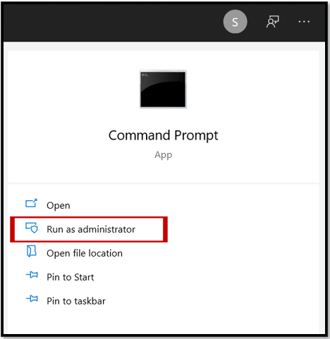 Options to open the elevated Command Prompt from Search Menu
