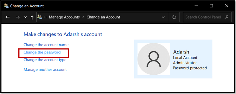 Sélectionnez Changer le mot de passe sur Windows 10