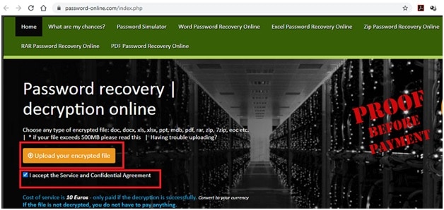 Uploading encrypted RAR file to Password Online Recovery