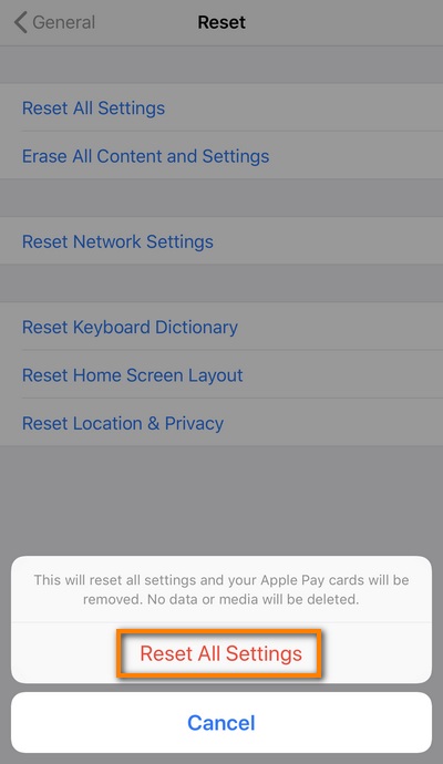 reset all the setting in ios 11 or later