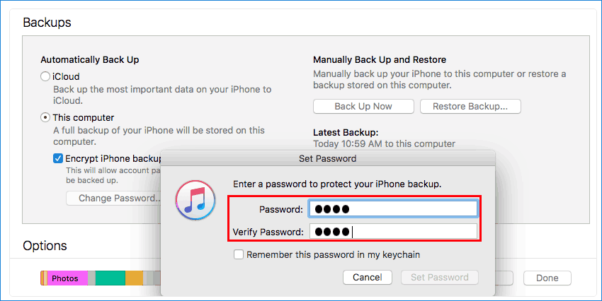 set a password for new iTunes baclkup