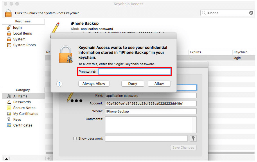 show the forgotten iTunes backup password