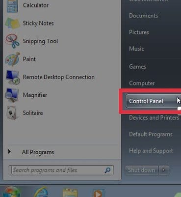 Panneau de contrôle de Windows 7 dans le menu démarrer