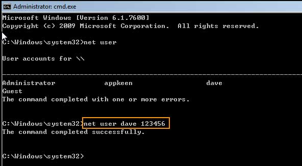 type net user command to reset Windows 7 password without disk