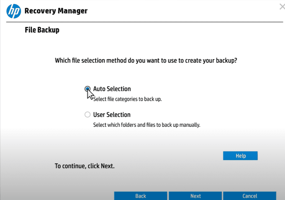 Sélection automatique sur HP Recovery Manager