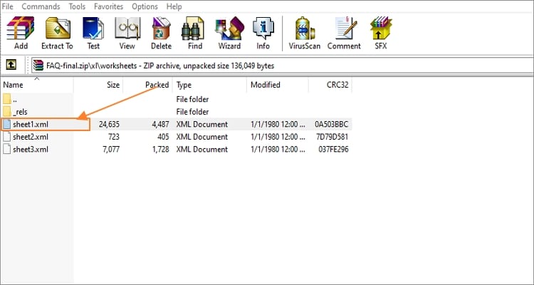 Open sheet1.xml file on Notepad