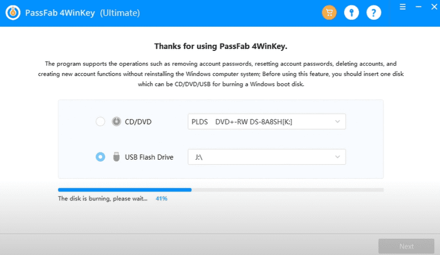 PassFab 4Winkey Burning Bootable Disk pour Windows 10