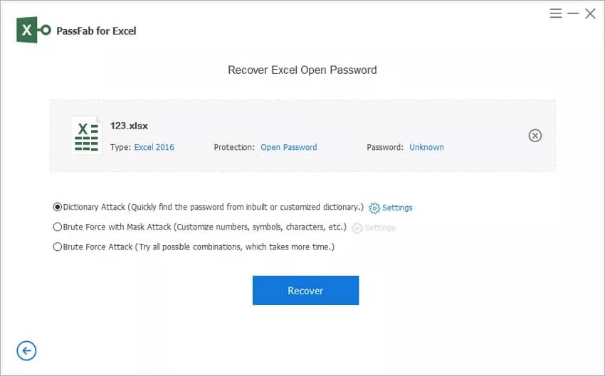 choose the attack mode to recover Excel password