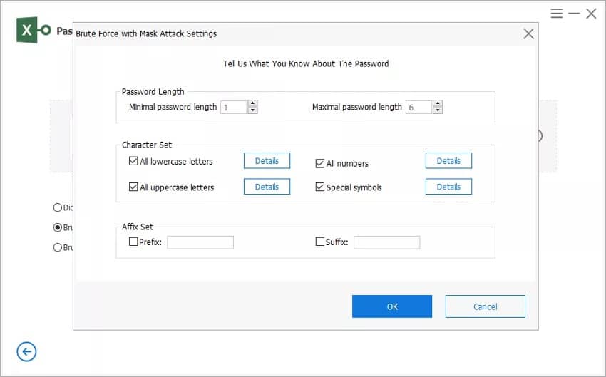PassFab for Excel enter the Excel password details in the settings menu