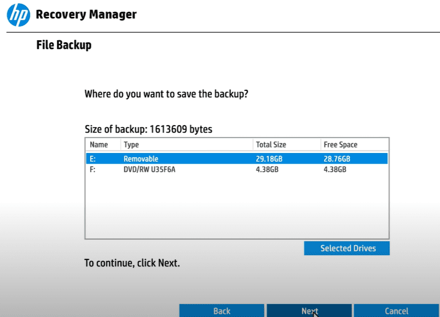 Save the backup on HP Recovery Manager