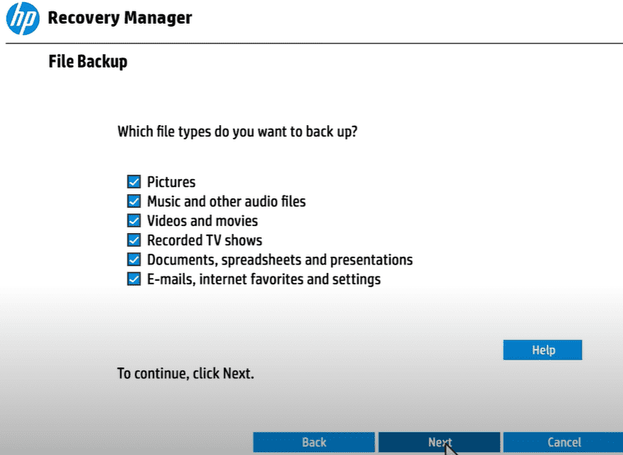 Select the file types you want to back up on HP Recovery Manager
