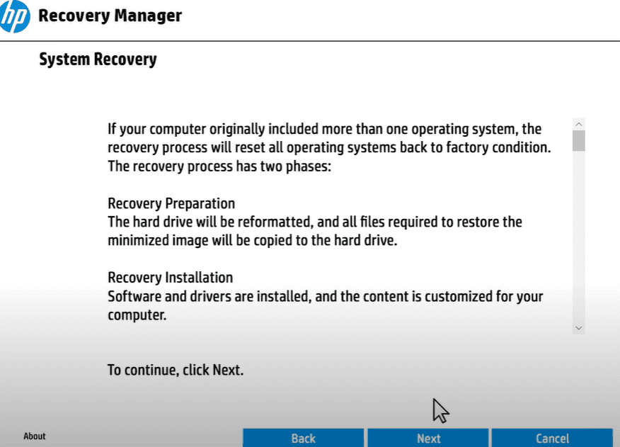 Restauration du système sur HP Recovery Manager
