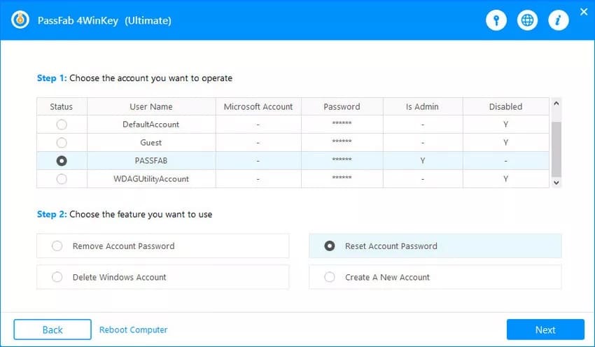 PassFab 4WinKey Account Reset Option for Windows 10