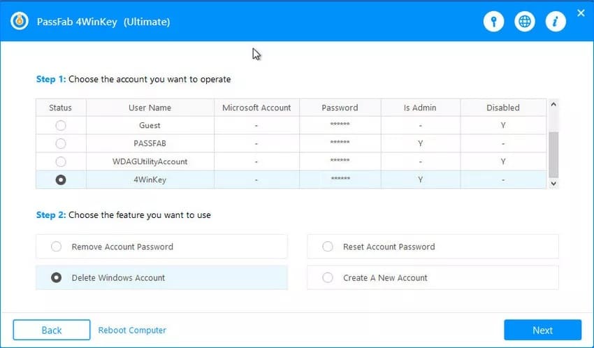 Passfab 4WinKey interface showing how to delete the admin account
