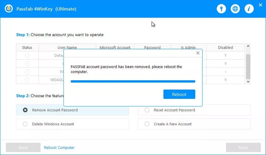 PassFab 4WinKey mettant en évidence l'option Reboot pour pirater le mot de passe administrateur de Windows 10