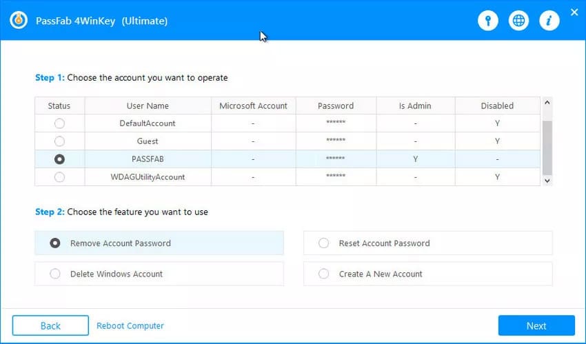 choose the account and select remove account password option