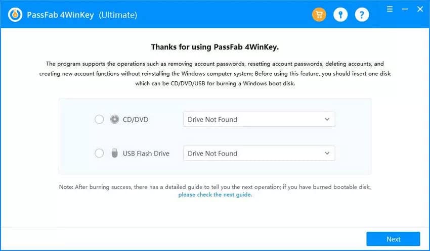 PassFab 4Winkey - l'option pour réinitialiser le mot de passe de l'ordinateur portable Samsung