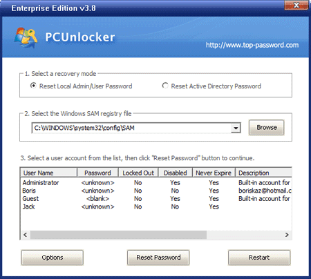 PCUnlocker Windows 10 Password Reset