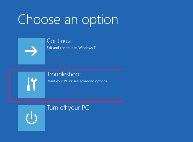 Choisissez Dépannage à partir de Choisissez une option Windows 10