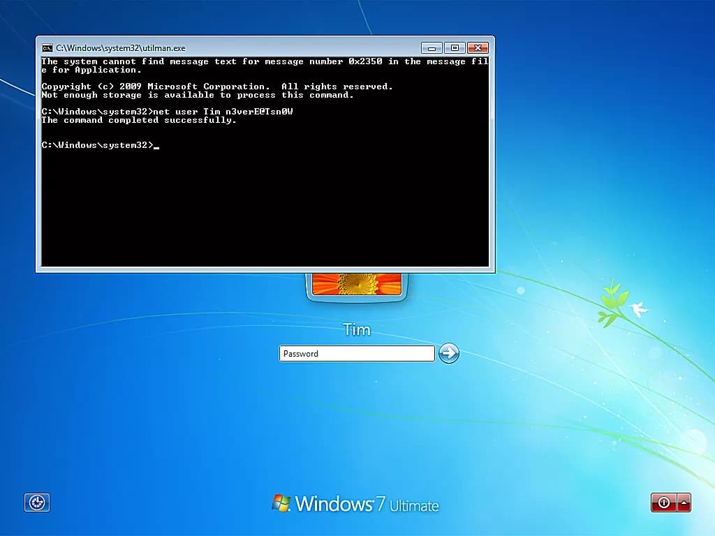 type net user command to reset Windows 7 password
