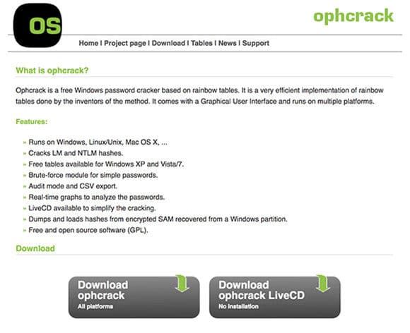 Reset laptop password with Ophcrack
