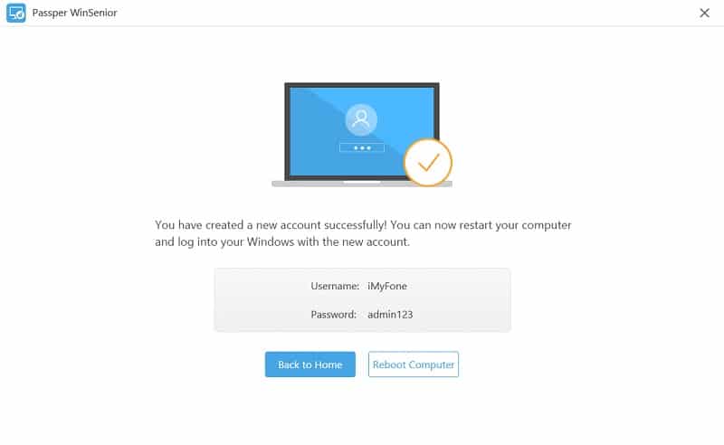 passper winsenior successfully created user account