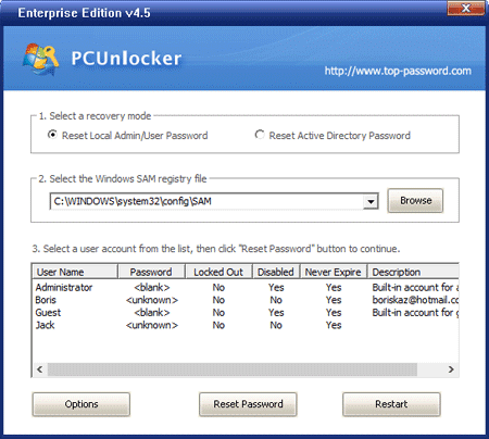 PCUnlocker - l'outil de réinitialisation de mot de passe Windows le plus rentable