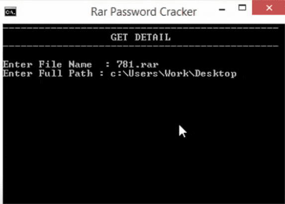 Insert RAR name and path to find the password