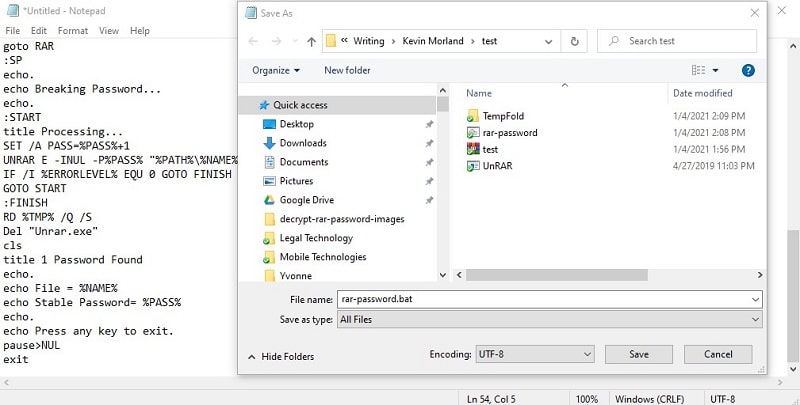 Enregistrer un fichier batch dans Windows