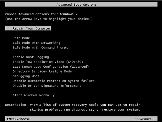 Opening Repair Your Computer from Advanced Boot Options