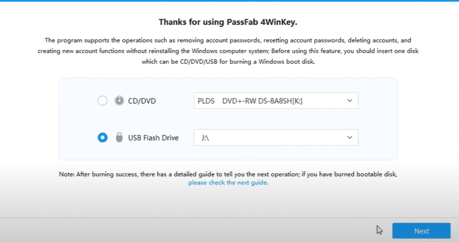 sélectionnez le support de démarrage dans passfab 4winkey