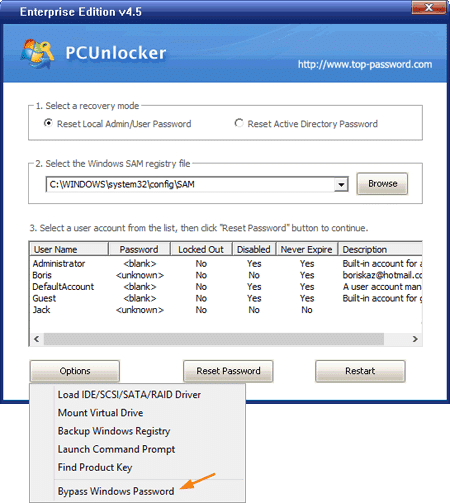 PCUnlocker – Bypass Windows Password