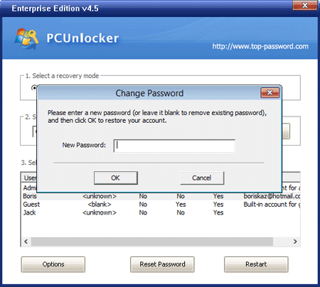 PCUnlocker - Entrez un nouveau mot de passe