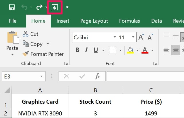 ajout de l'icône de l'outil Remplir vers le bas dans Excel