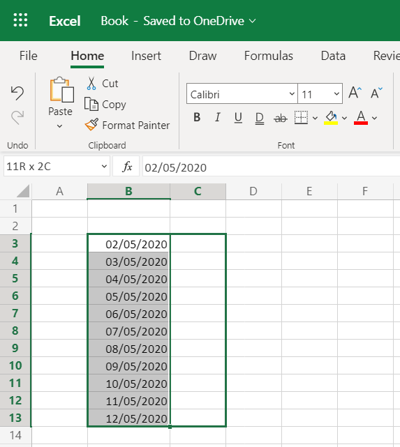 auto fill a concurrent date sequence in Excel