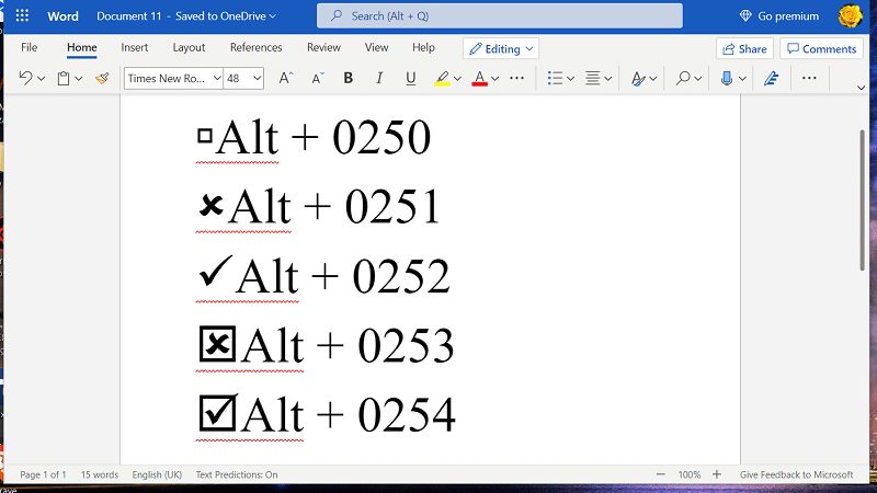 Checkbox symbol Alt codes in Word