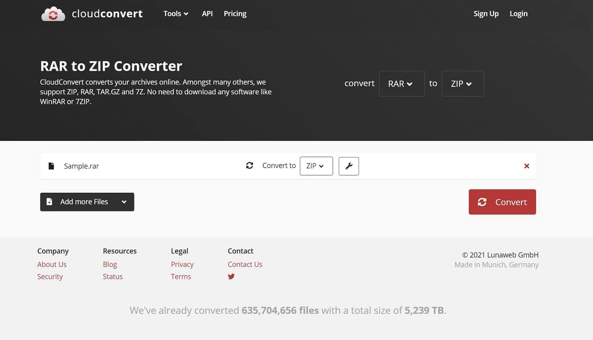 click Convert to convert RAR to ZIP online