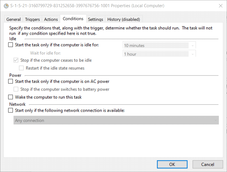 The Conditions tab on Windows 10
