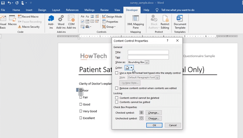 The Content Control Properties window for checkbox in Word