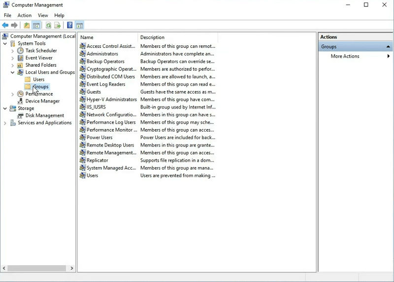 The default users and groups on Windows 10