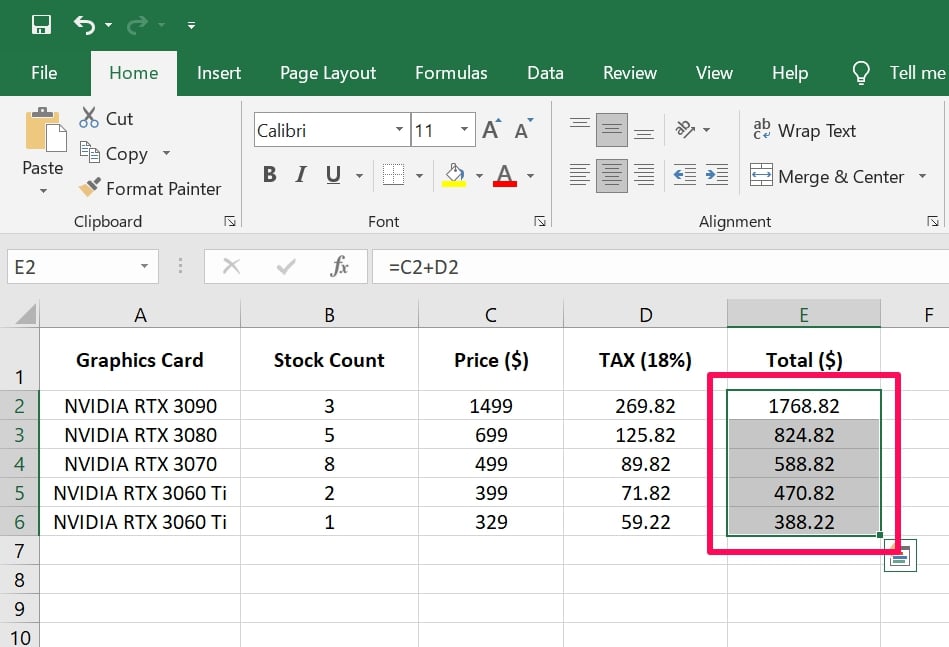 Excel apply formula to entire column successfully