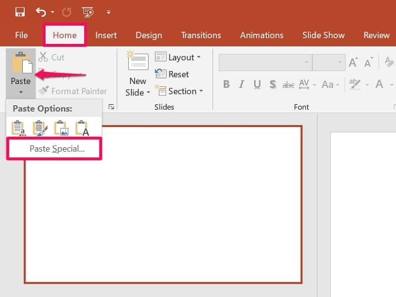 Paste special in PowerPoint